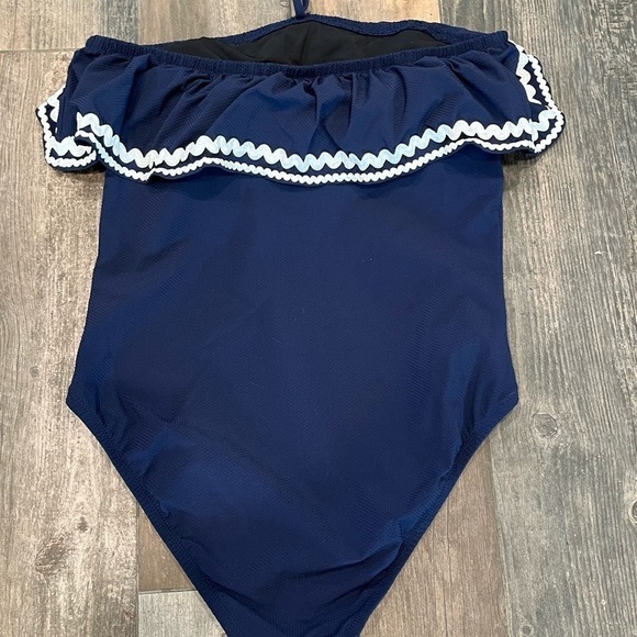 J. Crew Women Navy Blue Rickrack Ruffle Halter Tie Bandeau Swimsuit Sz 10 - Picture 8 of 8